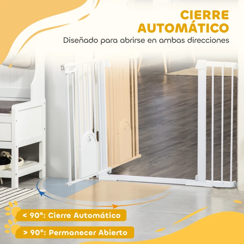 PawHut Barrera de Seguridad para Perros con Puerta Pequeña para Escaleras y Puertas 75-131 cm con 3 Extensiones Blanco