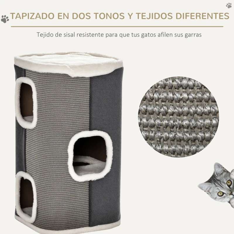 PawHut Barril Rascador para Gatos de 2 Niveles con Cuevas de Sisal Felpa Suave y Plataforma de Vellón 40x40x49 cm Gris