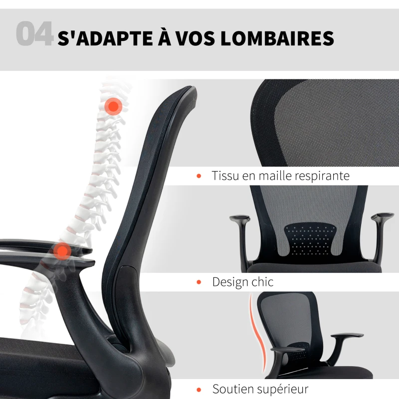 HOMCOM Chaise bureau ergonomique avec repose-pieds ajustable et accoudoirs relevables, hauteur réglable, 59x62x99-119cm, noir