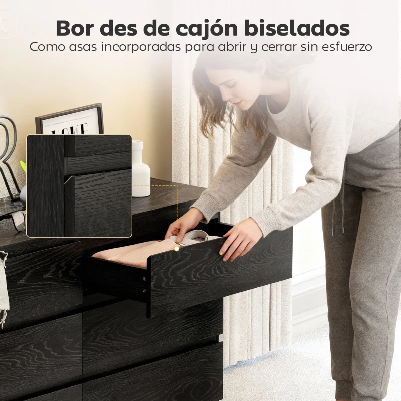 HOMCOM Cómoda Dormitorio con 6 Cajones Cajonera para Salón Oficina Estilo Moderno 140x40x71 cm Negro Veteado