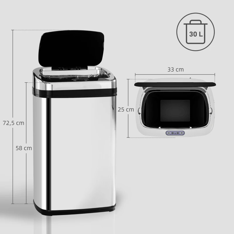 HOMCOM Poubelle de cuisine automatique 30L acier inoxydable, poubelle à capteur de mouvement avec couvercle, 33x25x58cm, argent