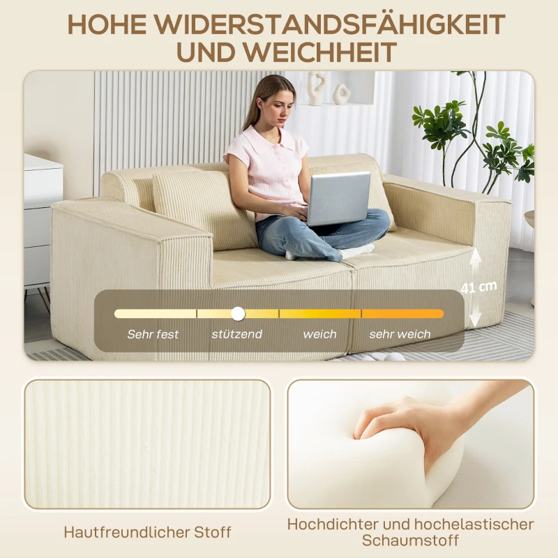 HOMCOM 3-Sitzer-Sofa, weiche Schaumstoffstruktur, breite Armlehnen, 2 Kissen, Cordbezug, Beige