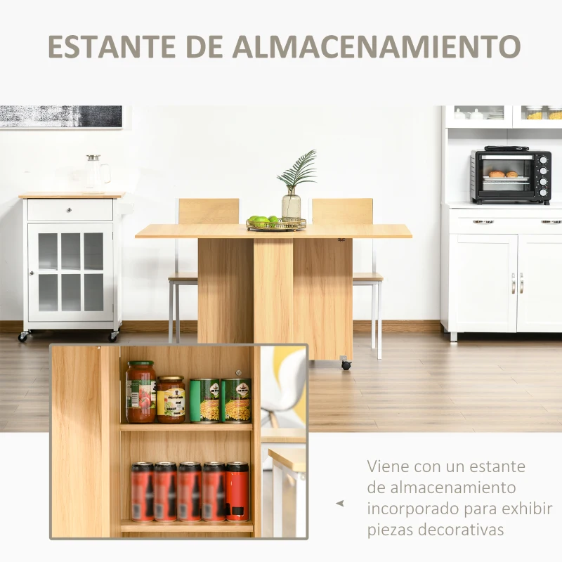 HOMCOM Mesa de Comedor Plegable con Ruedas Mesa Auxiliar Multifuncional con Alas Abatibles y Estantes 140x80x74cm Madera