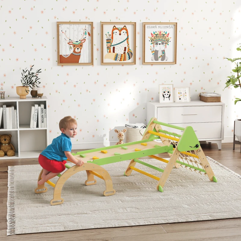 AIYAPLAY Triangle d'escalade enfants 8 en 1 avec rampe double face, arc d'escalade en bois avec toboggan & échelle, vert