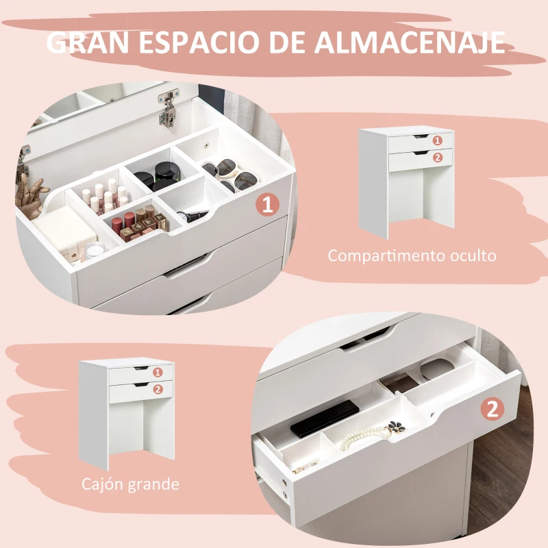 HOMCOM Tocador de Maquillaje con Taburete Oculto Espejo Abatible Cajón y 7 Compartimentos Taburete con Almacenamiento Blanco