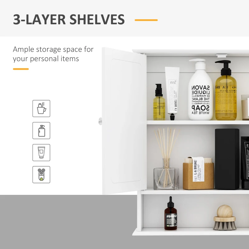 Kleankin Wall-mounted Bathroom Cabinet Mirror Door Organiser Storage Shelves Living Room White