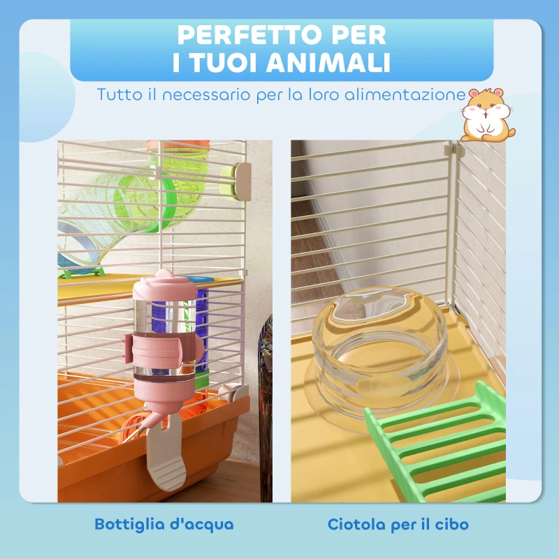 PawHut Gabbia per Criceti a 5 Livelli con Tubi, Ruota, Scale, Casetta e Bottiglia, 46x30x58 cm, Arancione