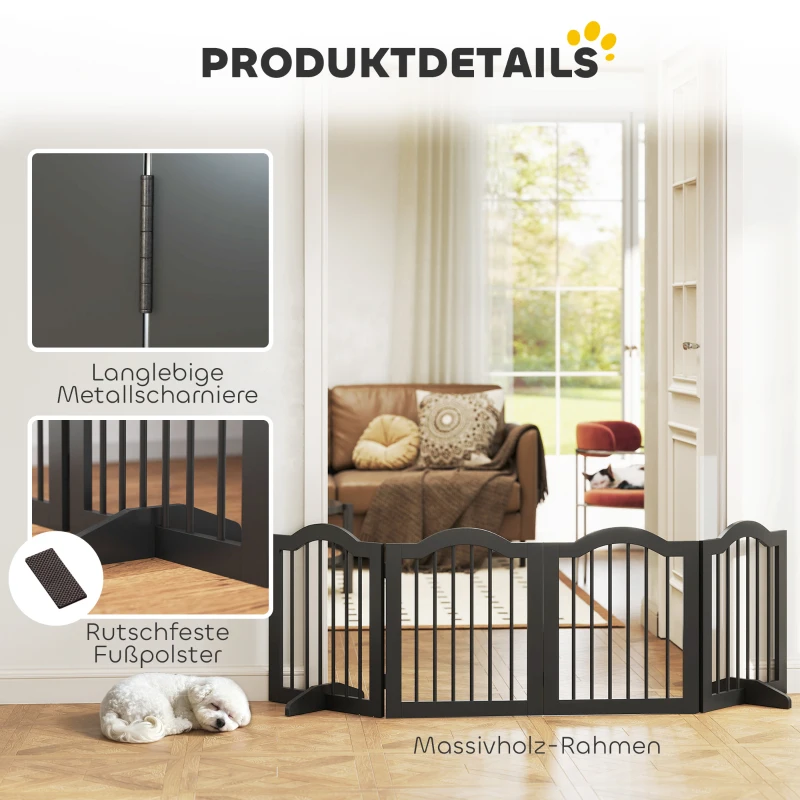 PawHut Absperrgitter Hund Freistehendes Schutzgitter mit Füßen, Klappbar Hundegitter, 4 Paneelen, 208 x 29,5 x 61 cm, Schwarz