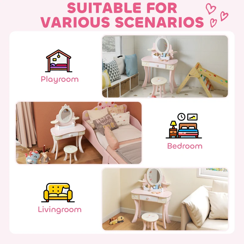 AIYAPLAY Kids Dressing Table, Girls Vanity Set with Mirror and Stool, 7 Play Accessories, Drawer, Desktop Storage, Pink