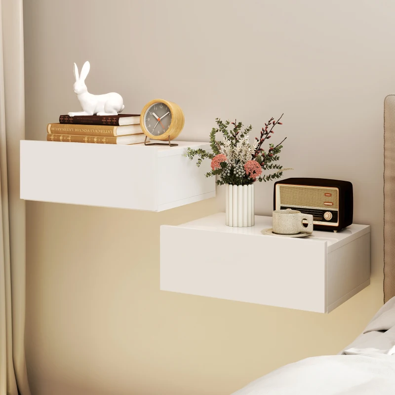 HOMCOM Conjunto de 2 Mesas de Cabeceira com 1 Gaveta Desenho Montado na Parede Estilo Moderno para Dormitório 40x30x15 cm Branco