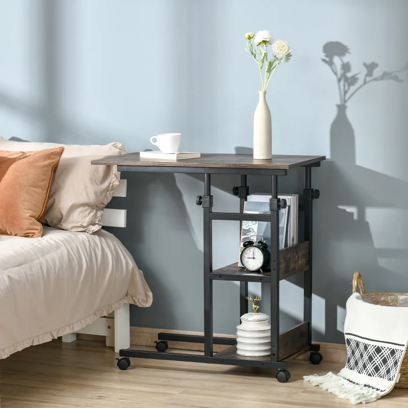 HOMCOM 3-Tier Mobile Side Table, C-Shaped End Table, Industrial Couch Table with Adjustable Height, Storage Shelves, Rustic Brown