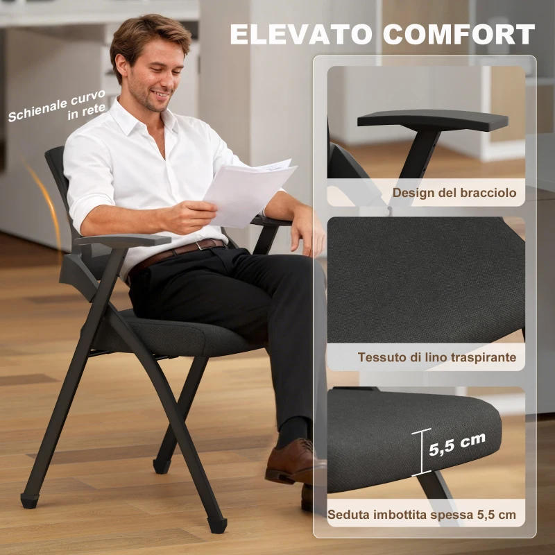 HOMCOM Set 2 Sedie Pieghevoli con Schienale Curvo e Braccioli, in Tessuto Effetto Lino e Acciaio, 61x56x84 cm, Nero