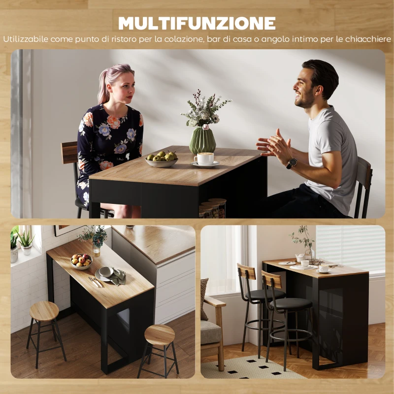 HOMCOM Bancone Bar Isola da Cucina con 3 Ripiani per Soggiorno e Salotto, 113x60x90 cm, Nero e Legno
