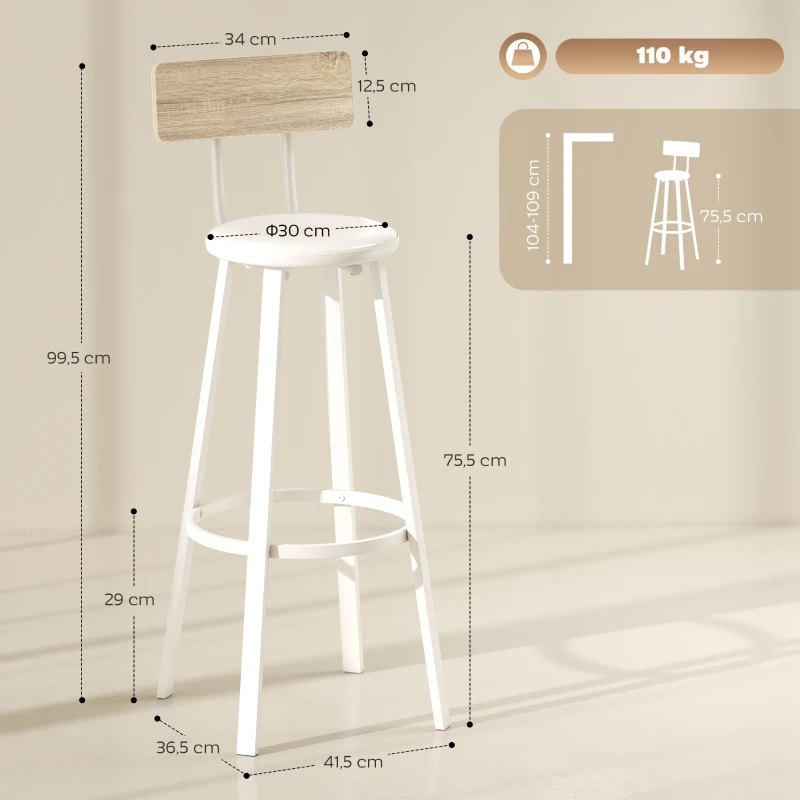 HOMCOM Juego de 2 Taburetes Altos de Cocina con Respaldo y Reposapiés Tapizados de PU Asiento de 75,5 cm Natural y Blanco