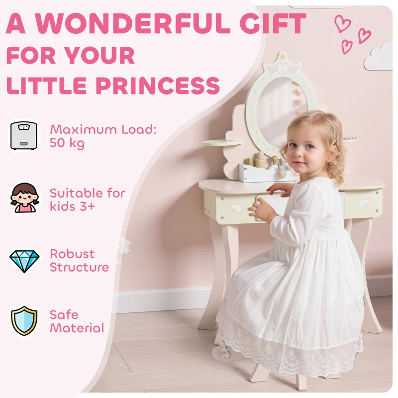 AIYAPLAY Kids Dressing Table, Girls Vanity Set with Mirror and Stool, 7 Play Accessories, Drawer, Desktop Storage, Pink