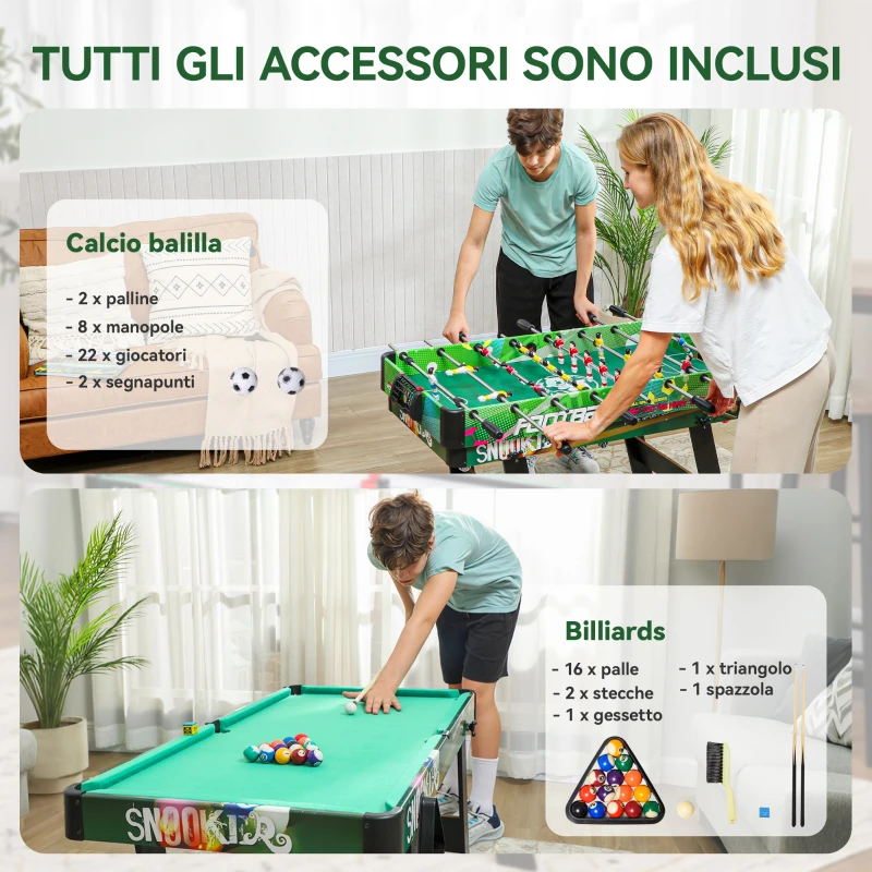 HOMCOM Tavolo da Gioco 6 in 1 con Calcio Balilla, Biliardo, Air Hockey, Ping Pong, Anelli e Hockey su Prato, 118x104x71 cm