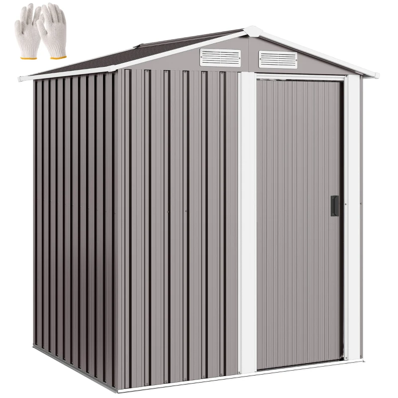 Outsunny Garden Metal Tool Storage Shed with Sliding Door, Sloped Roof and Foundation Kit, 152 x 132 x 188cm, Grey
