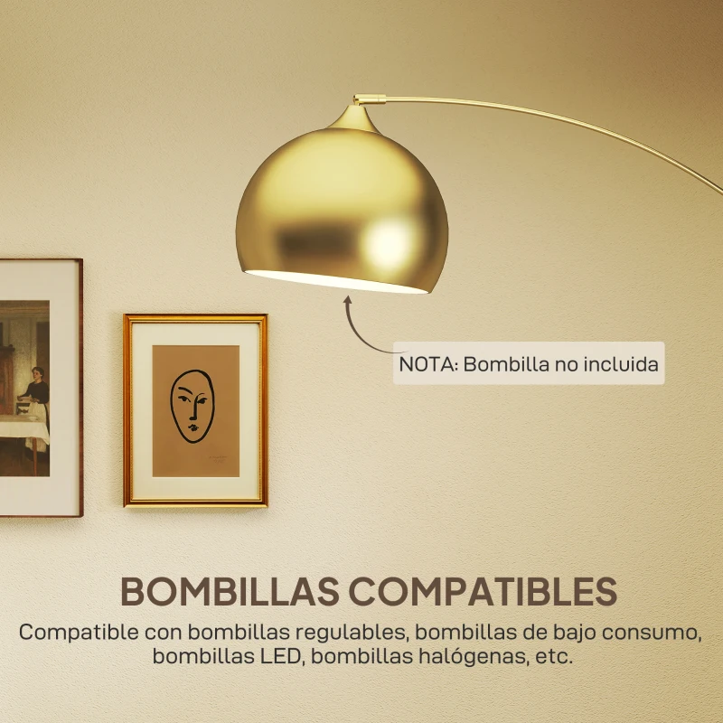 HOMCOM Lámpara de Pie Arco Moderna 40 W con Altura y Longitud Ajustable con Interruptor de Pie 110-115x35x170-180 cm Dorado