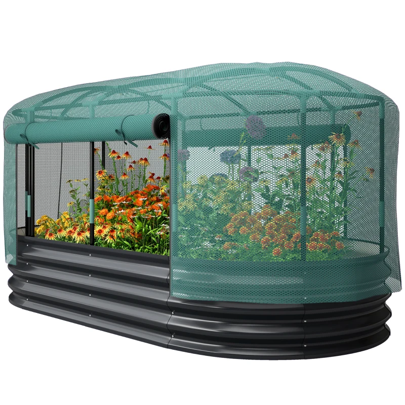 Outsunny Pat pătrat pentru grădină cu cușcă de protecție, jardiniere ridicată din oțel galvanizat, 180 x 90 x 93 cm, gri și verde