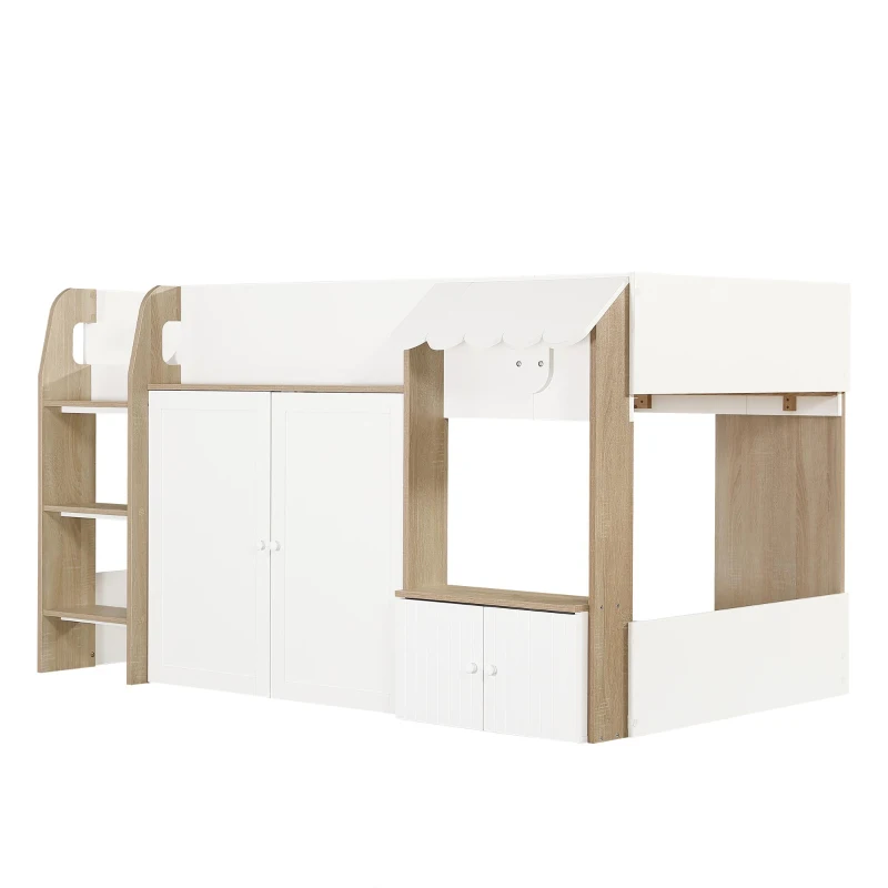 3ft Single High Sleeper Bed with Customisable Under-Bed Space, 3-Step Ladder Bed Frame for Children, 195L x 118W x 109H cm, White+Natural