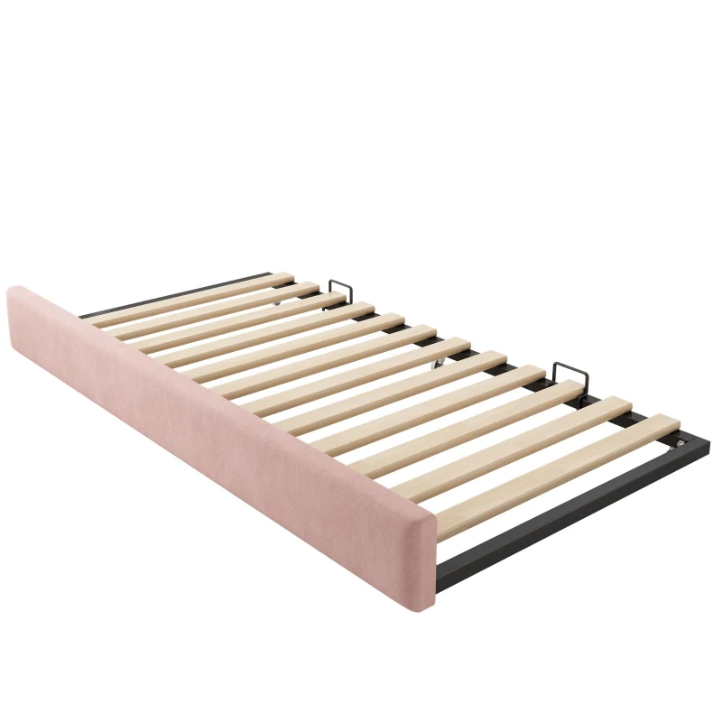 Upholstered Daybed with Pull-Out Trundle and Slatted Base, Space-Saving Velvet Single Sofa Bed for Adults and Kids, 202L x 105W x 83H cm, Pink