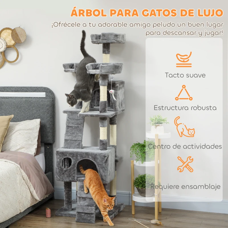 PawHut Árbol Rascador para Gatos Árbol para Gatos 153 cm con 2 Cuevas 3 Camas 2 Rampas Postes de Sisal Ratones Colgantes Gris