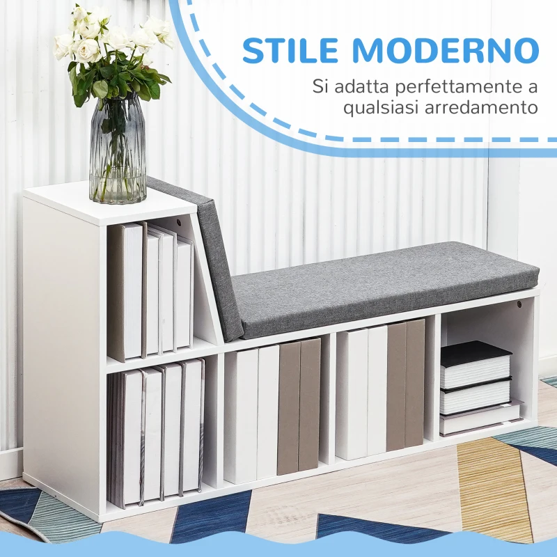 HOMCOM Libreria Moderna a 5 Ripiani Aperti con 2 Cuscini, in Legno, 108x30x60 cm, Grigio