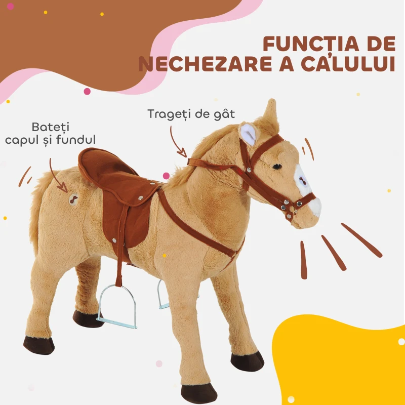 HOMCOM Cal balansoar din pluș pentru copil de la 2 ani, cu efecte sonore, șa și bride 85 cm (lungime) bej