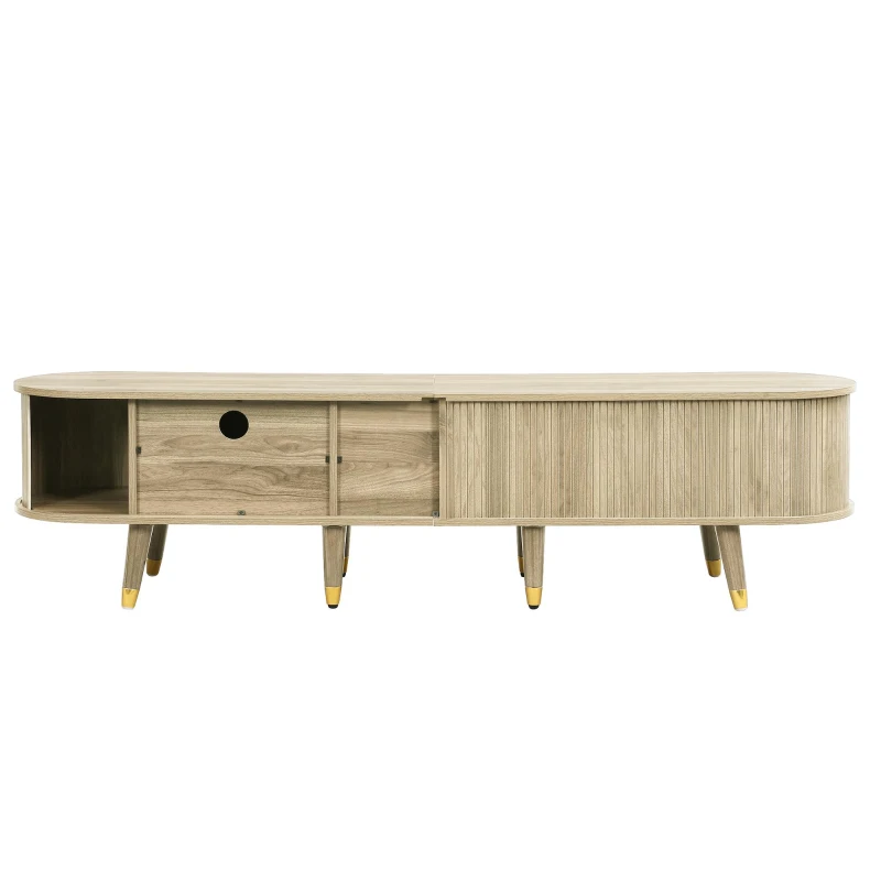 Modern TV Cabinet with Sliding Door, Large Multifunctional Storage, TV Stand with Open Shelves, Drawers, 175L x 38W x 45H cm, Natural