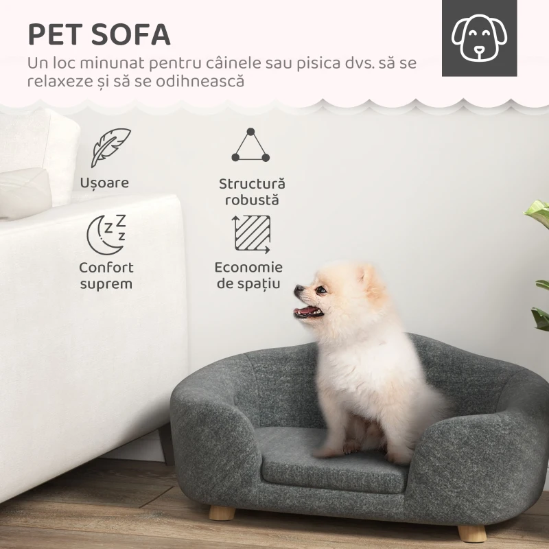 PawHut Culcus pentru Caini de Talie Mica, Canapeluta pentru Caini de Interior cu Perna Lavabila, 70x47x30cm - Gri Antracit