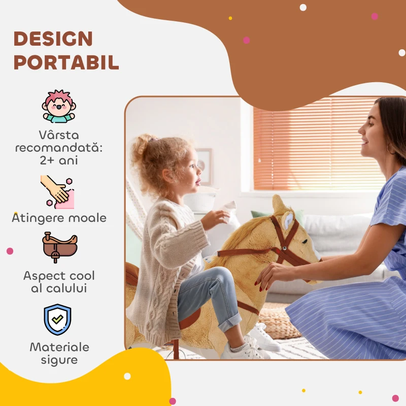 HOMCOM Cal balansoar din pluș pentru copil de la 2 ani, cu efecte sonore, șa și bride 85 cm (lungime) bej