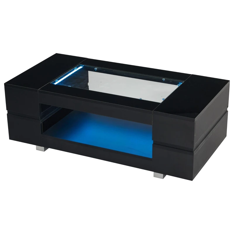 Modern LED Hollow Coffee Table with App-Controlled Light Strip, Desk with High-Gloss Toughened Glass Top, 100L x 50W x 35H cm, Black