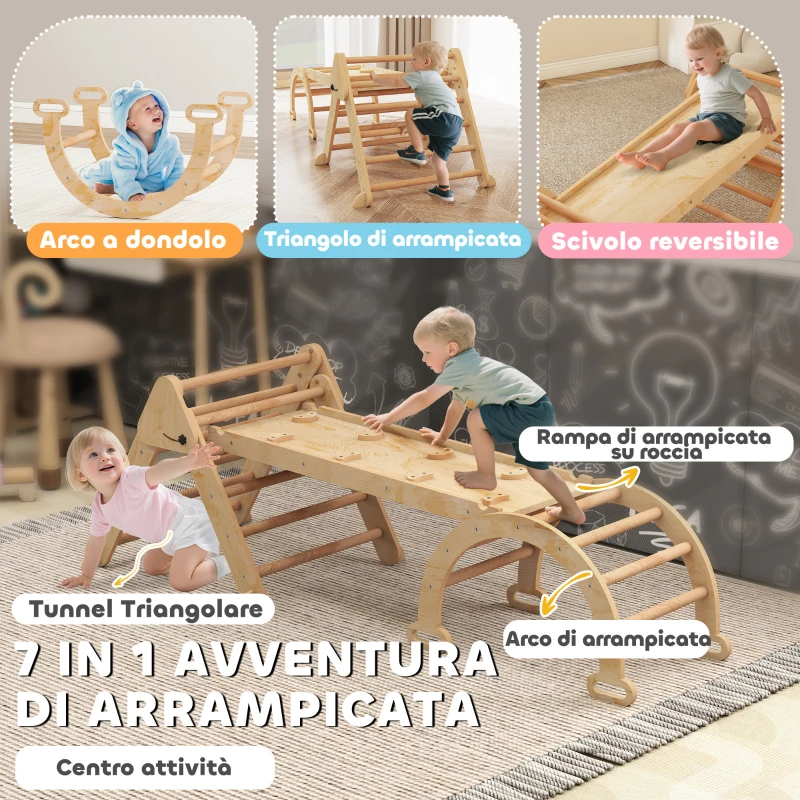 AIYAPLAY Gioco per Bambini 5 in 1 con Triangolo, Parete Liscia e Arco, in Legno di Pioppo e Pino, 188x70x59 cm