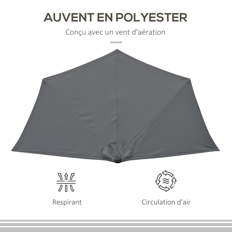 Outsunny Demi parasol parasol de balcon 5 entretoises métal cheminée incluse 2,93 x 1,5 x 2,49 m polyester haute densité gris
