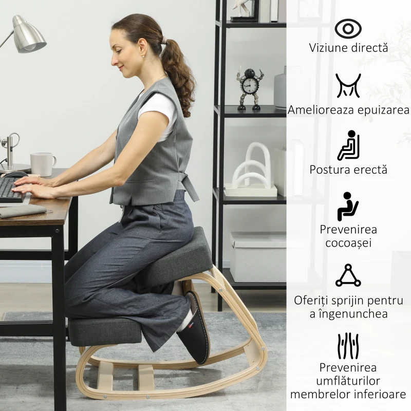 Vinsetto Scaun Ergonomic pentru Genunchi din Mesteacăn și Pernă Gri