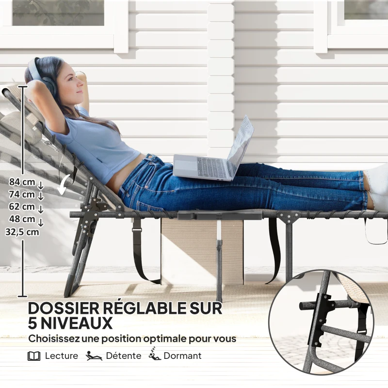 Outsunny Bain de soleil pliante dossier réglable sur 5 niveaux, plateau, appuie-tête, poche latérale 60x190x31cm, crème