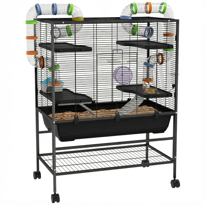PawHut Large Hamster Cage, Gerbil Cage with Tubes, Storage Shelf, Ramps, Platforms, Running Wheel - Black
