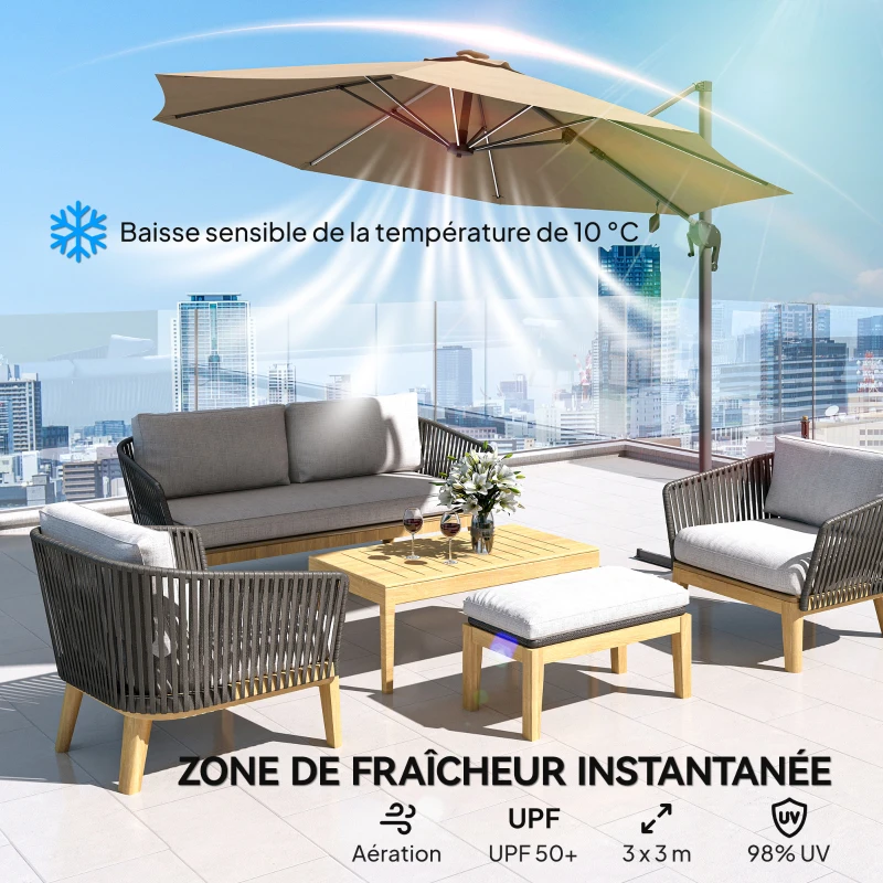 Outsunny Parasol déporté octogonal parasol LED solaire inclinable pivotant manivelle piètement aluminium dim. Ø 3 x 2,55H m beige