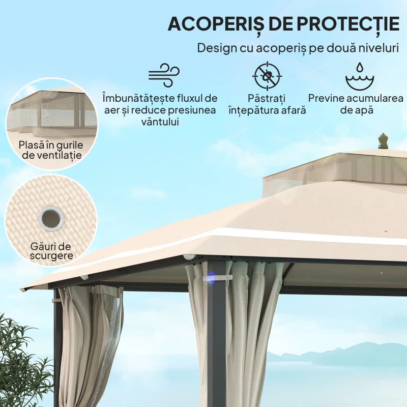 Outsunny Pavilion pentru Exterior cu Baldachin, Acoperiș Dublu, Plasă și Draperii, 370x303x290 cm, Bej