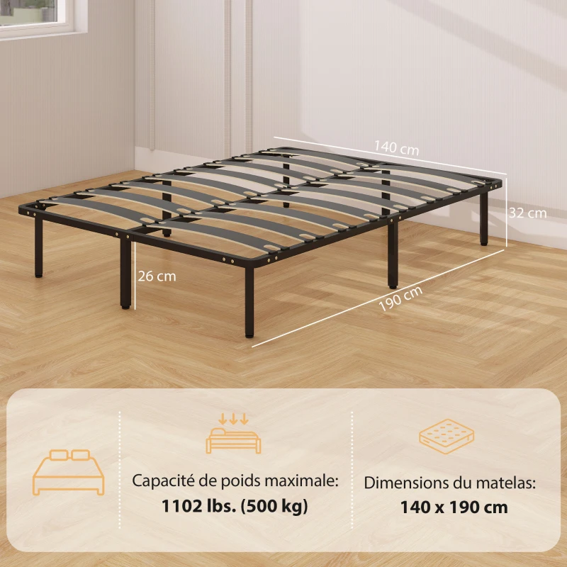 HOMCOM Cadre de lit 140 x 190 cm, lit 2 personnes avec sommier à lattes en bois massif et pied, avec rangement au-dessous, noir