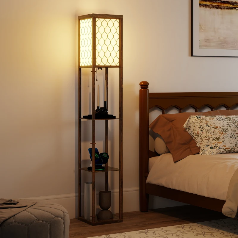 HOMCOM Three-Shelf Standing Lamp - Rustic Brown/White