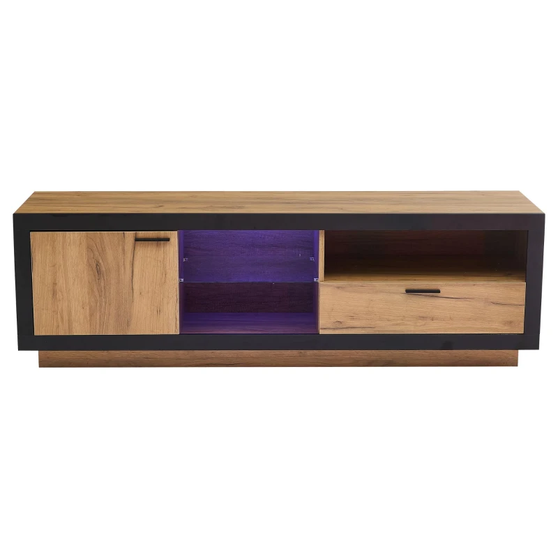 Modern TV Cabinet with App-Controlled LED Lights and USB Power, Media Cabinet with 3 Open Compartments, 160L x 40W x 50H cm, Wood