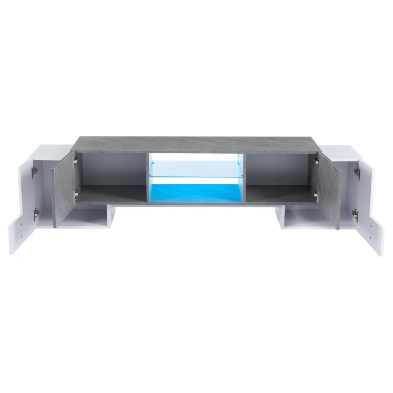 Modern TV Cabinet with App-Controlled LED Lighting, Media Cabinet with 4 Doors and 2 Open Shelves, 180L x 40W x 46.5H cm, Grey+White