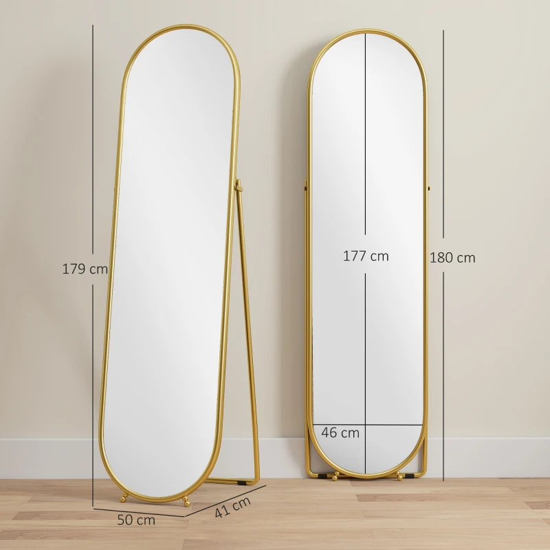 HOMCOM Specchio a Figura Intera da Terra con Supporto Pieghevole, Vetro e Metallo, 50x4x180 cm, Oro