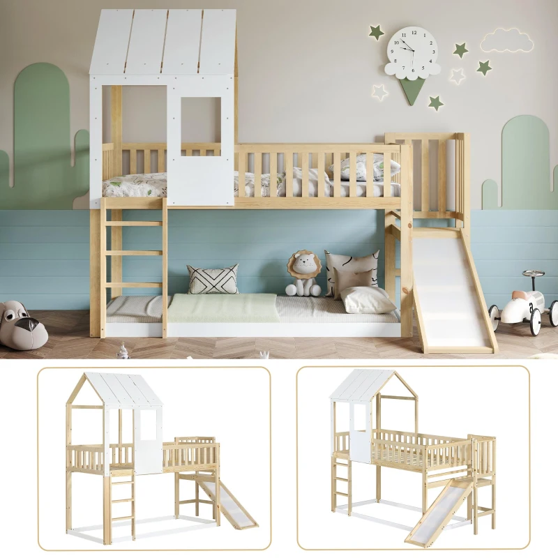 Wooden High Sleeper Bed with Slide and 3‑Step Ladder for Children, Bunk Bed with Playhouse Roof, 240.5L x 137.5W x 221H cm, White+Natural