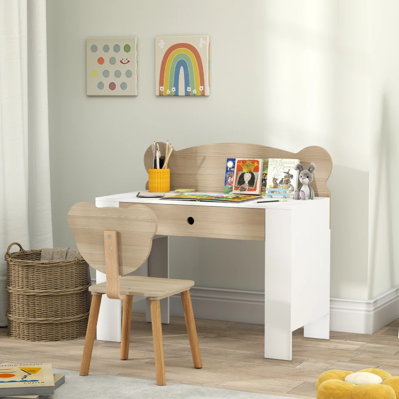 AIYAPLAY Ensemble bureau et chaise pour enfant 3 à 8 ans avec tiroir, effet bois naturel