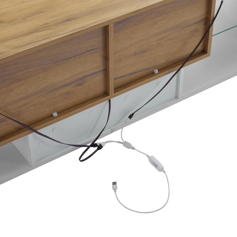 Modern TV Stand with 2 Drawers and 5 Open Compartments, TV Cabinet with App-controlled LED Lights, 160L x 40W x 42H cm, White+Wood