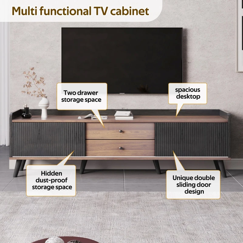 Modern TV Cabinet with 2 Centre Drawers and Striped Sliding Doors, Storage Stand with Raised Top Edge, 160L x 40W x 58H cm, Black+Wood