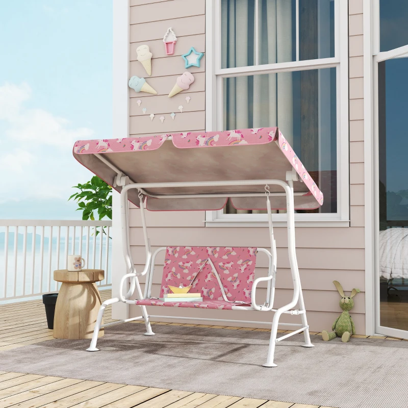 AIYAPLAY Kids Porch Swing, 2-Seater Patio Swing Bench Hammock with Seat Belts, Adjustable Canopy for Garden, Pink