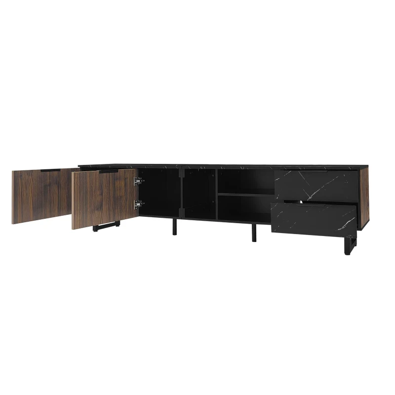 Modern TV Cabinet with 2 Wood-Grain Doors and 2 Open Shelves, TV Stand for Robot Vacuum Cleaners, 200L x 38W x 50H cm, Black+Wood